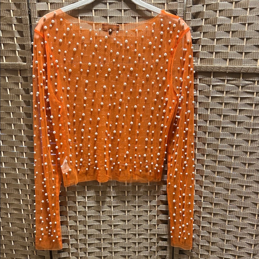 TOP CHIC Orange Pearl-Embellished Sheer Long Sleeve Top - Picture 5 of 7